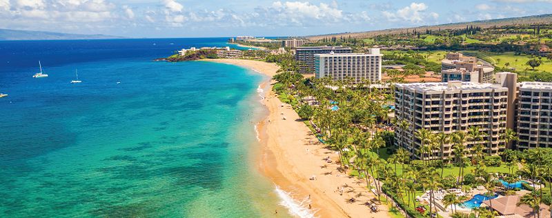 Aerial view of Maui coastline showcasing hotels and beaches