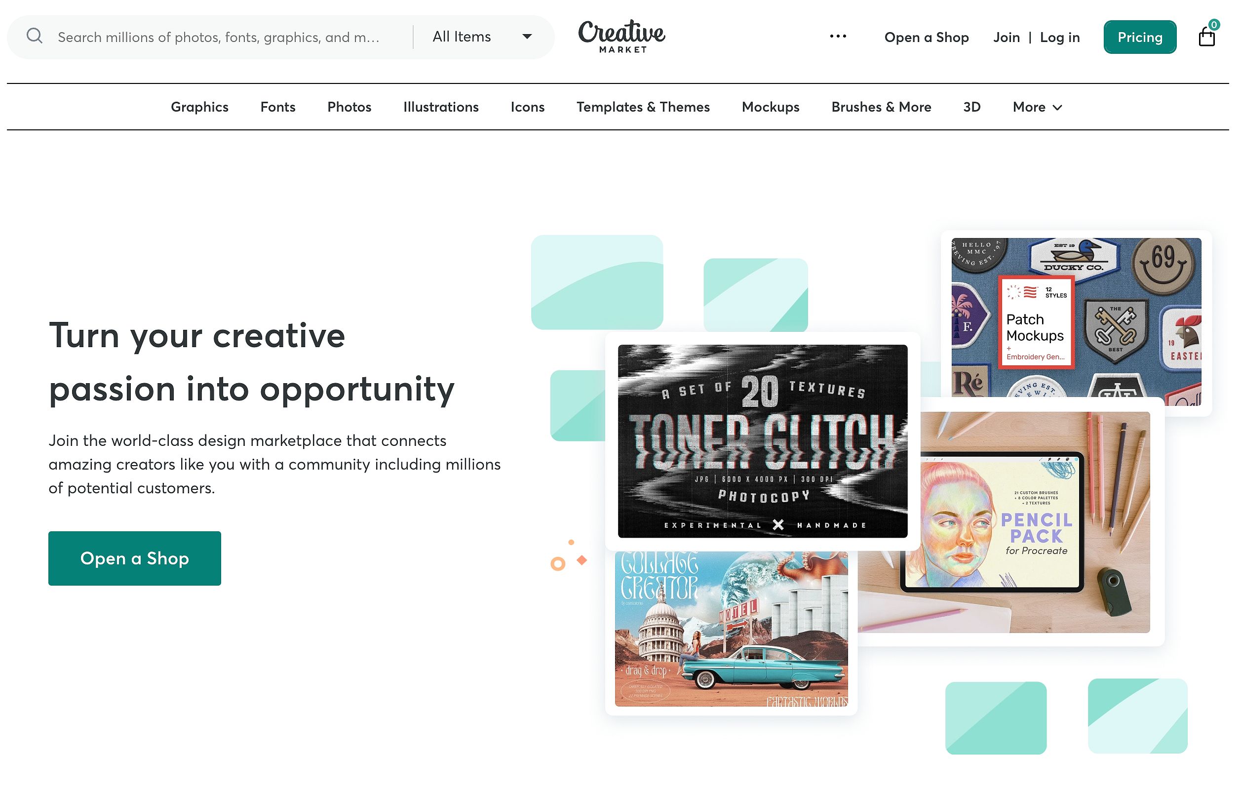 Creative Market homepage showcasing various digital products