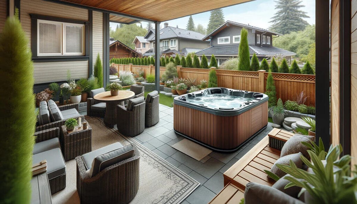 Hot tub on a home patio with furniture and greenery surrounding