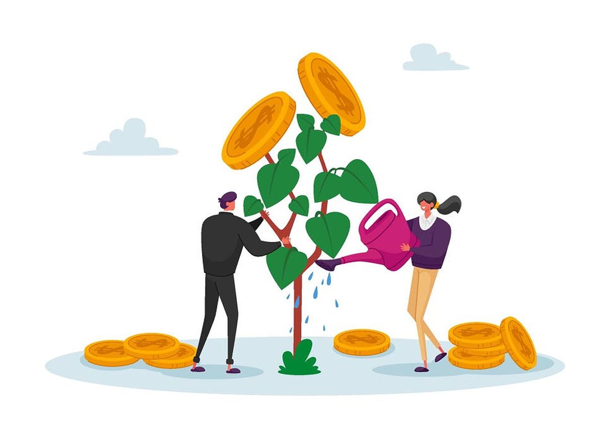 Image of man and woman watering a money tree through investing
